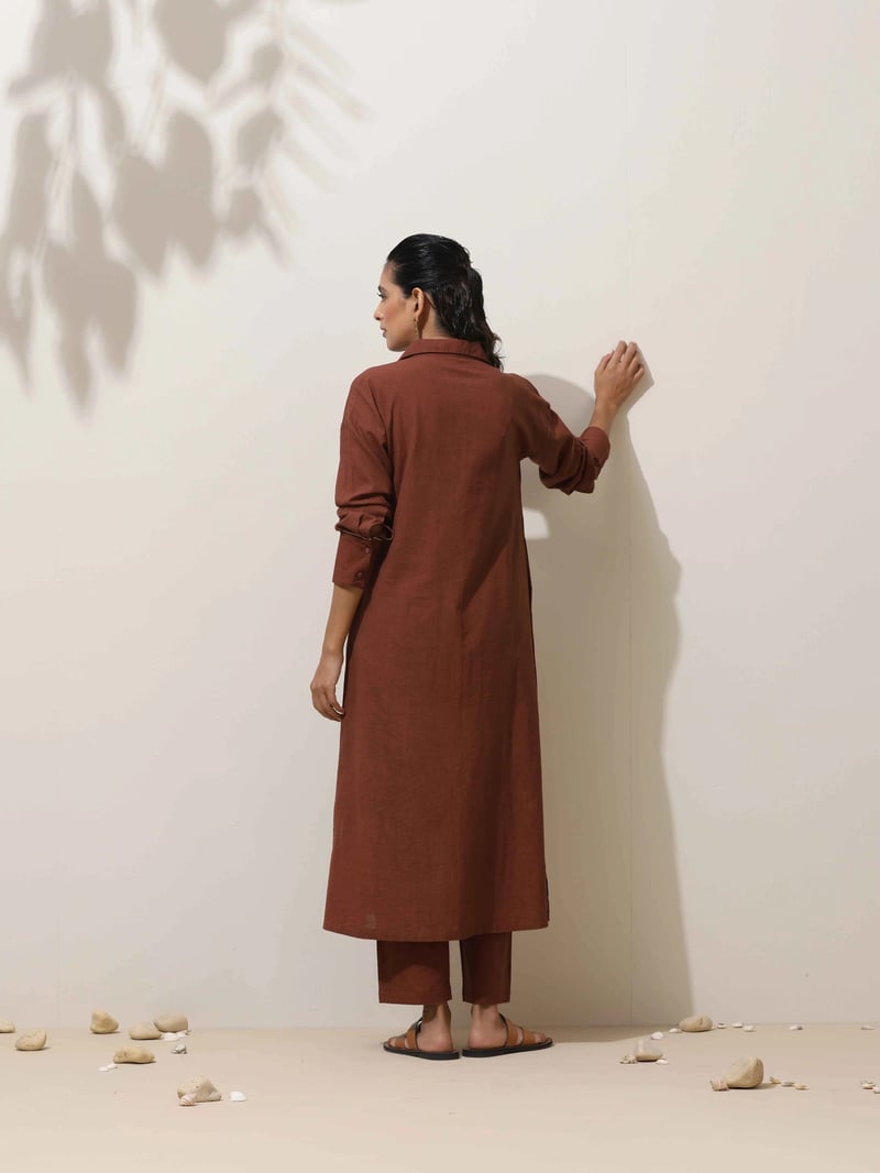 Brown Cotton Linen Straight Kurta Pant Set