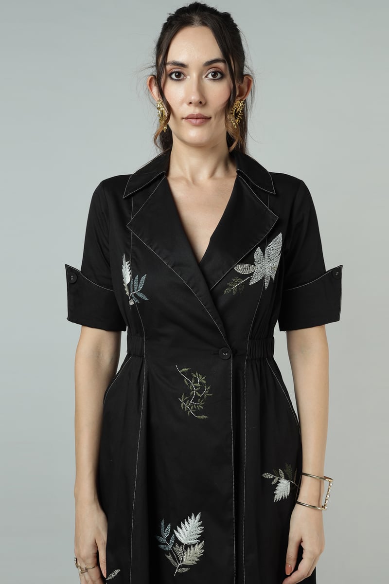 Black Suiting Wrap Midi Dress with Botanical Embroidery