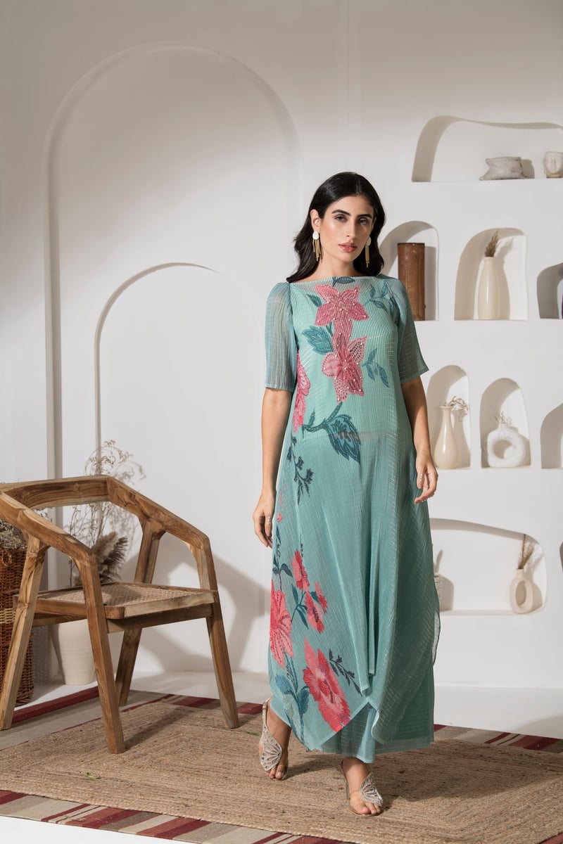 Green Floral Lurex Kaftan Kurta Set with Palazzo