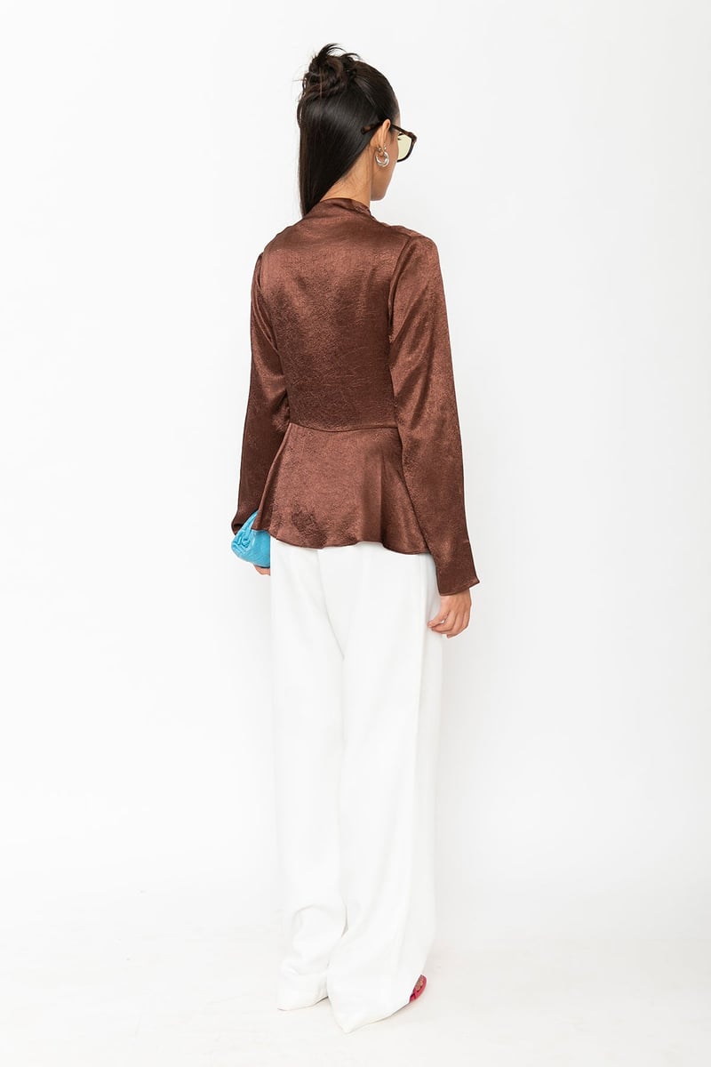 Brown Crushed Satin Wrap-Front Peplum Top