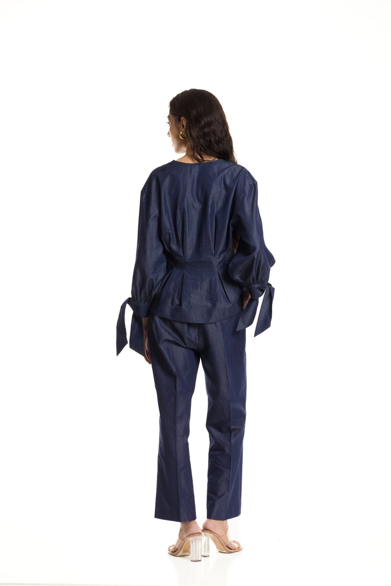 Denim Blue V-Neck Peplum Top with Bishop Sleeves