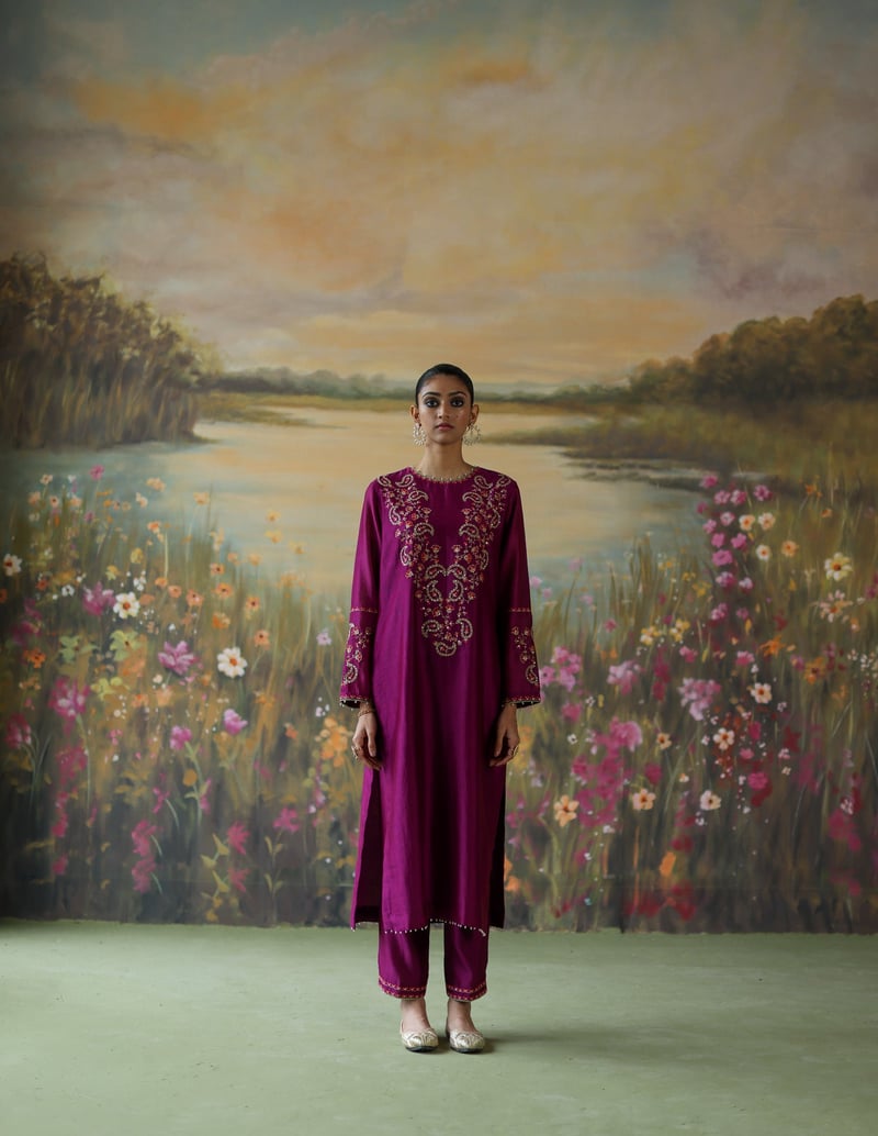 Aubergine Embroidered Straight Kurta Set with Dupatta