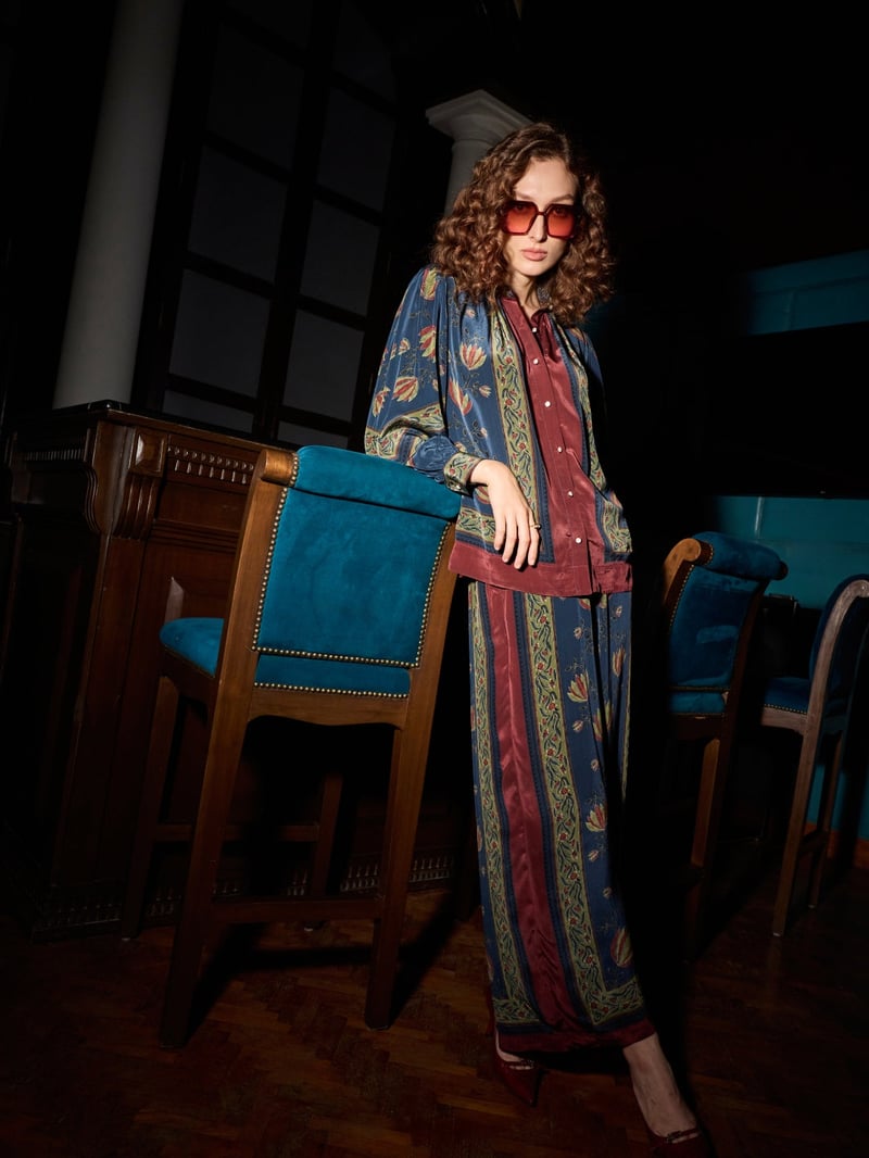 Blue Floral Placement Print Wide-Leg Trousers