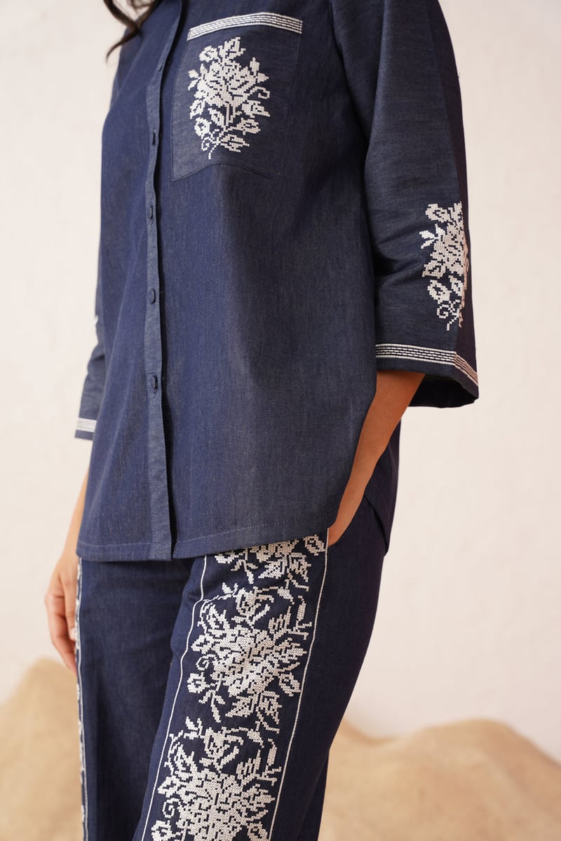 Blue Denim Cross-Stitch Embroidered Co-ord Set