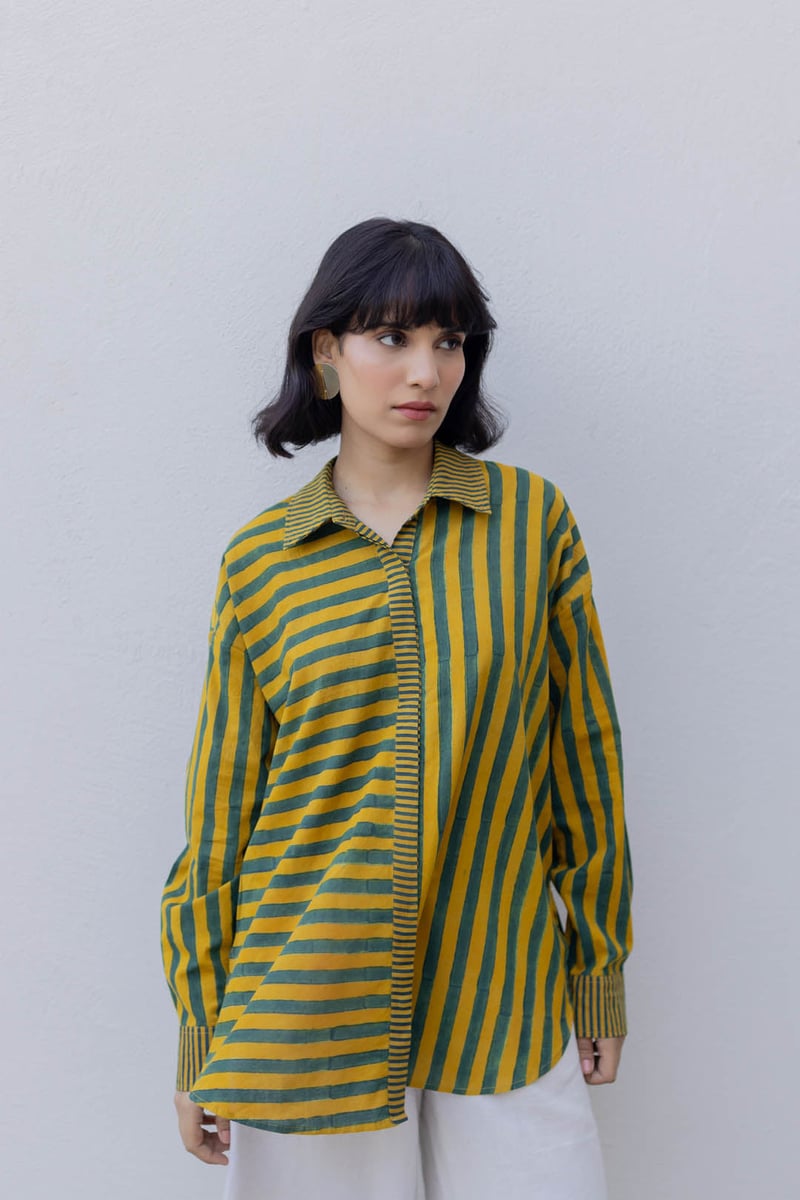 Moss Green and Mustard Striped Relaxed Fit Shirt
