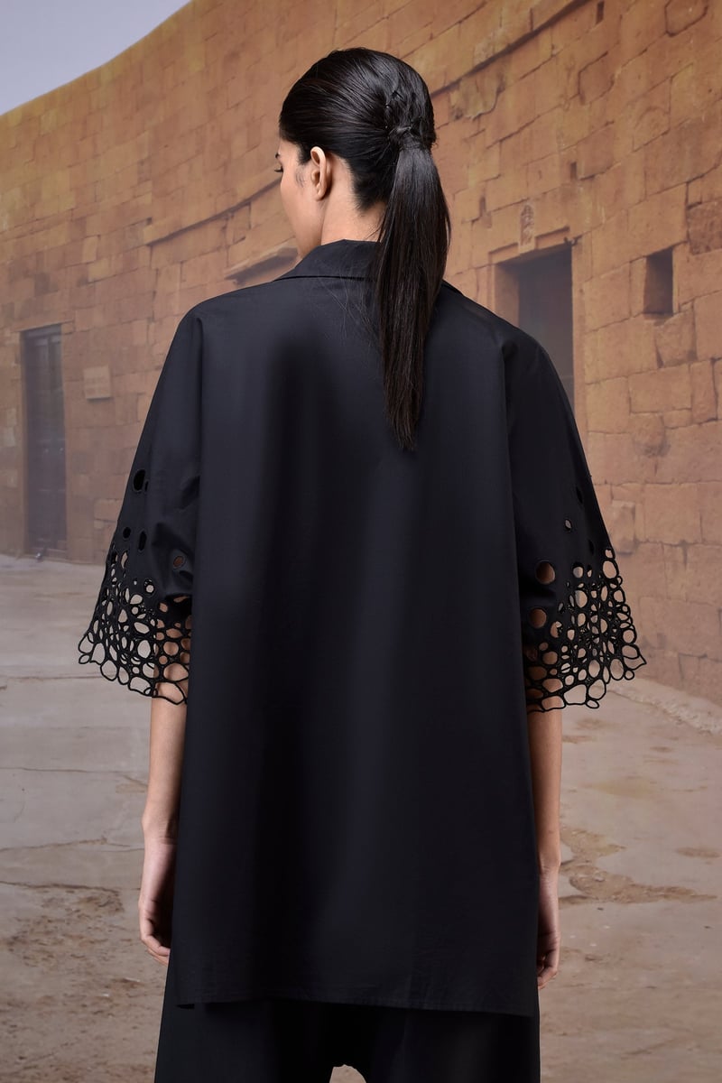 Black Poplin Shirt with Cutwork Embroidered 3/4 Sleeves