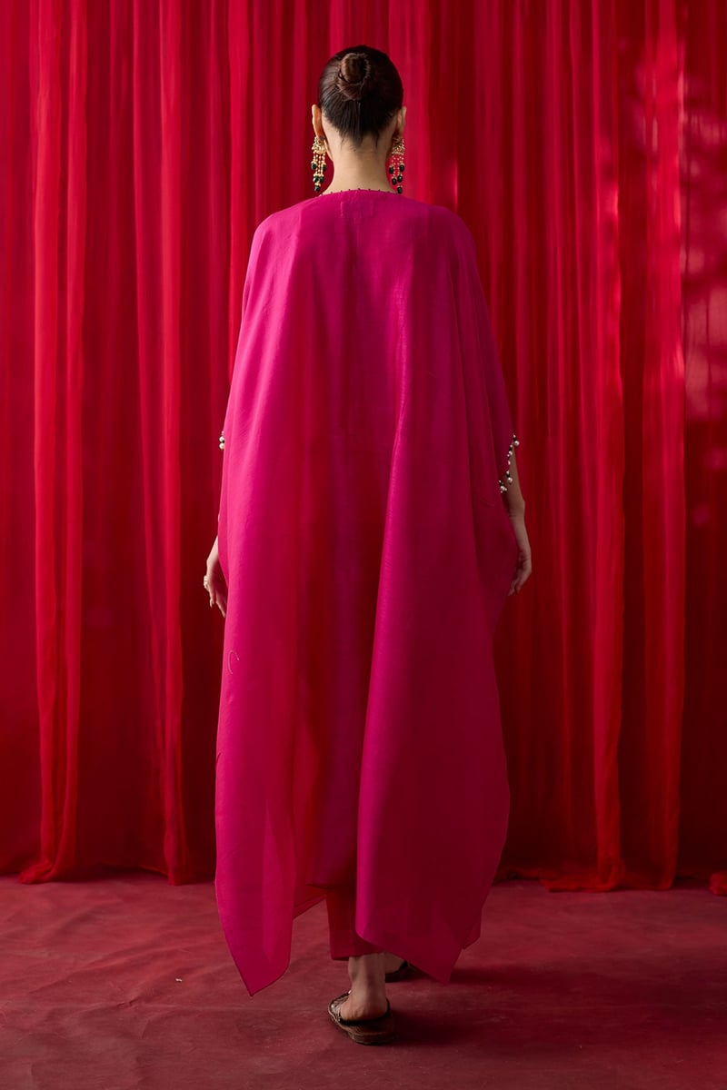 Hot Pink Silk Chanderi Embroidered Kaftan Set