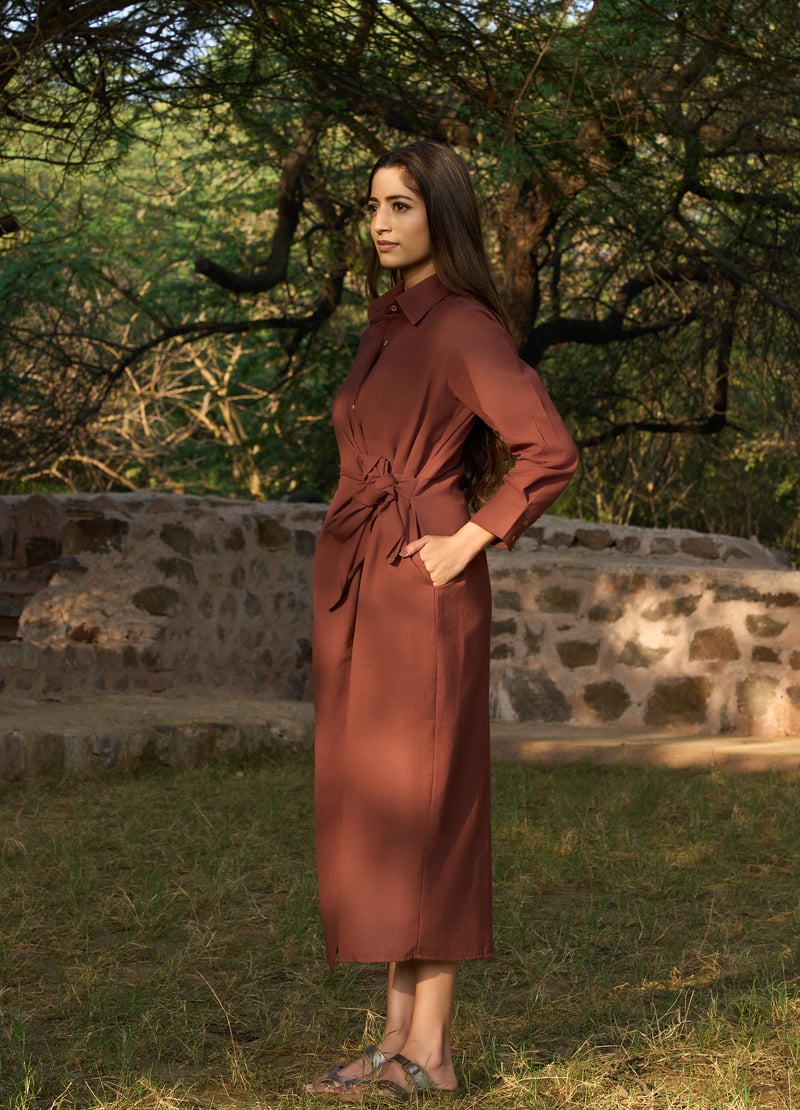 Brick Linen-Blend Tie-Front Midi Shirt Dress