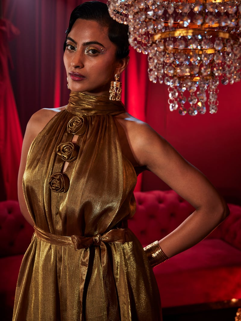 Antique Gold Metallic Halter Jumpsuit with Rosette Detail