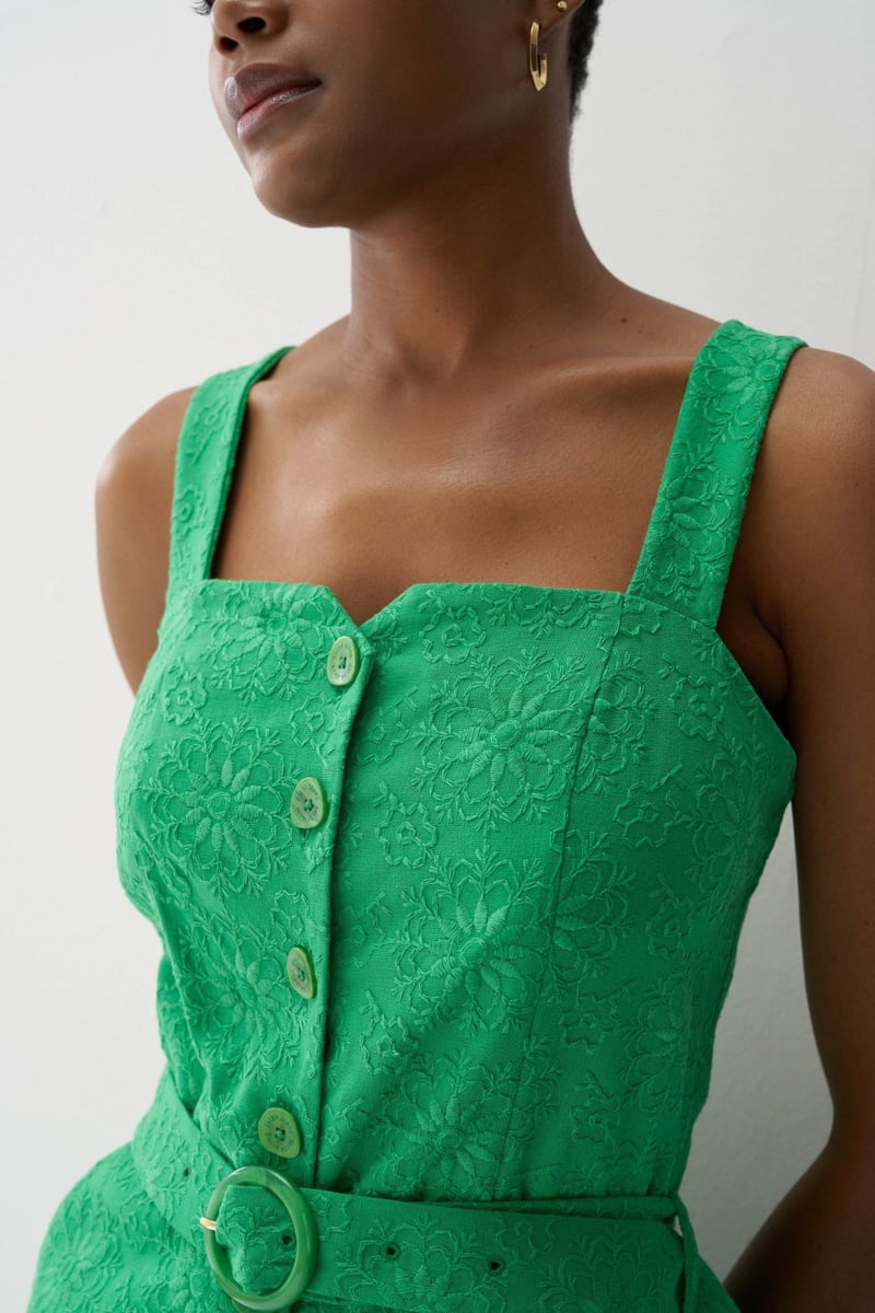 Medium Green Embroidered Belted Cropped Jumpsuit