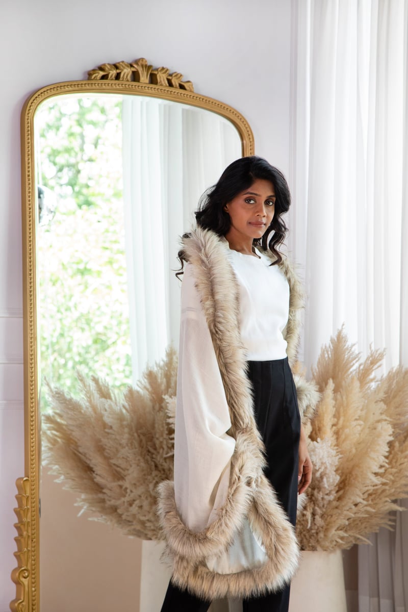 Off-White Wool Stole with Faux-Fur Border Trim