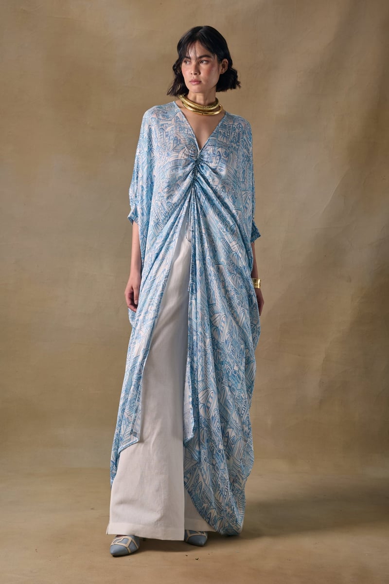 Blue Landscape Printed Modal Satin Kaftan — Pocketful Of Cherrie