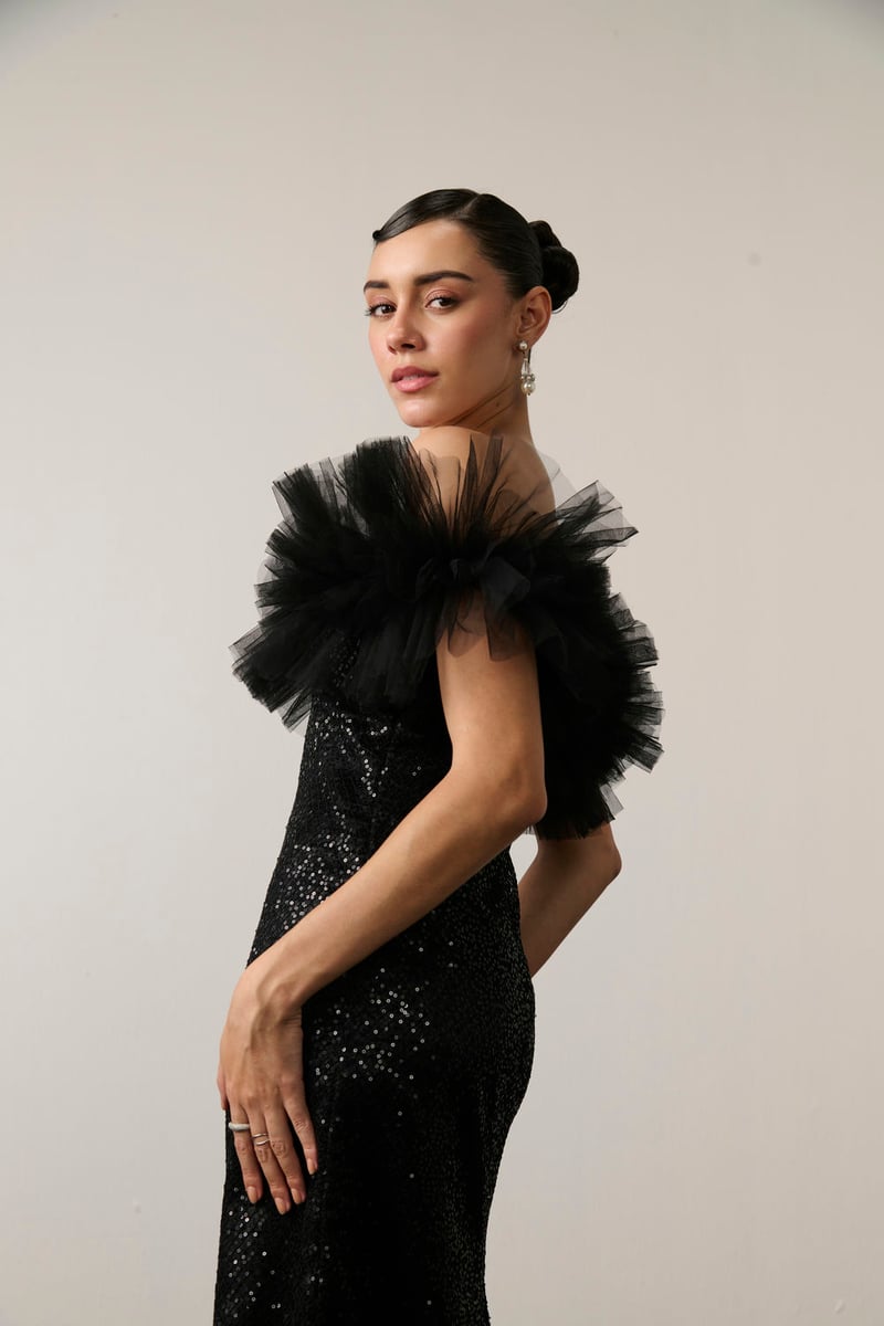 Black Sequin Off-Shoulder Ruffle Maxi Dress