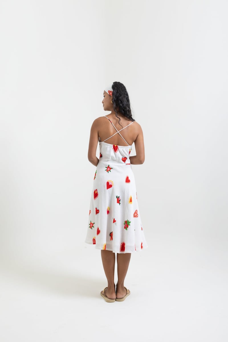 White Printed Fit and Flare Midi Dress with Sweetheart Neck