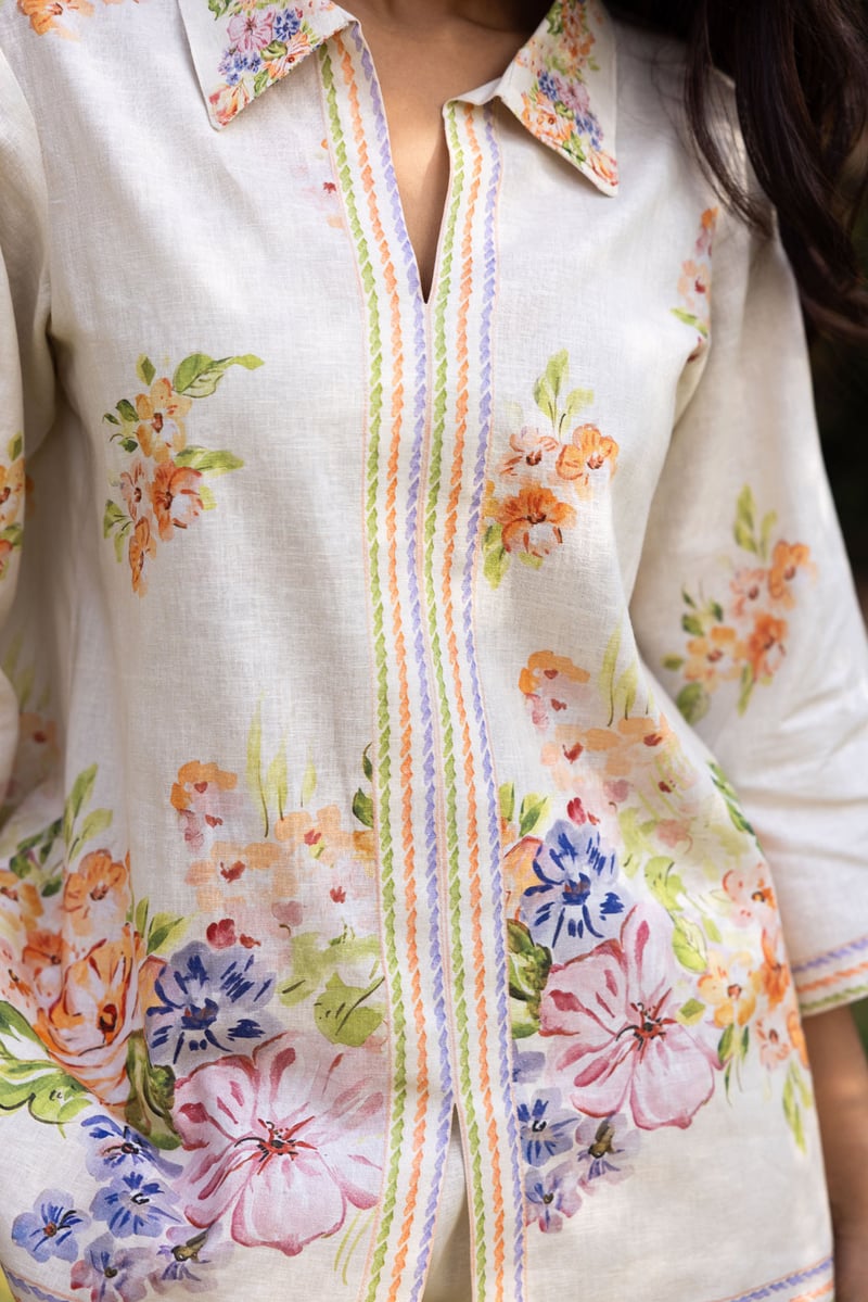 Cream Linen Floral Shirt and Trouser Co-ord Set
