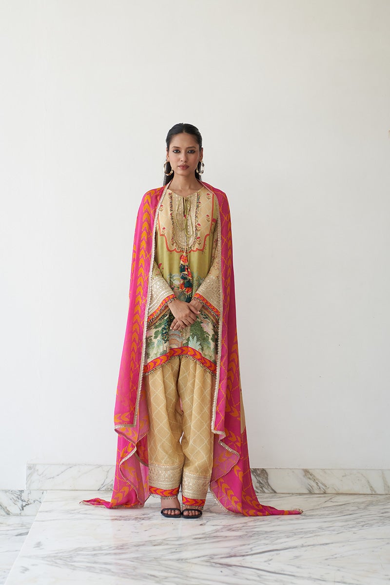 Mustard Yellow Printed Kurta Set with Mirror Work