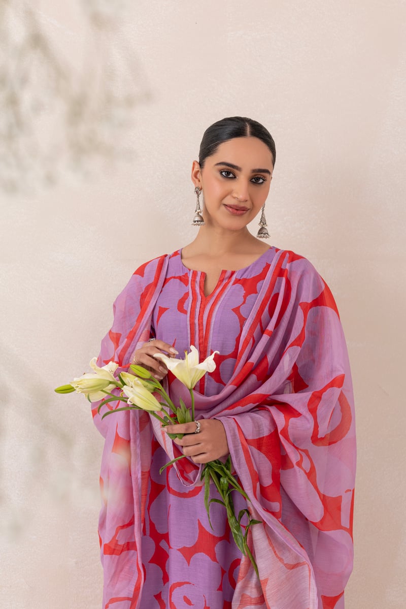 Red and Purple Printed Chanderi Kurta Set with Dupatta