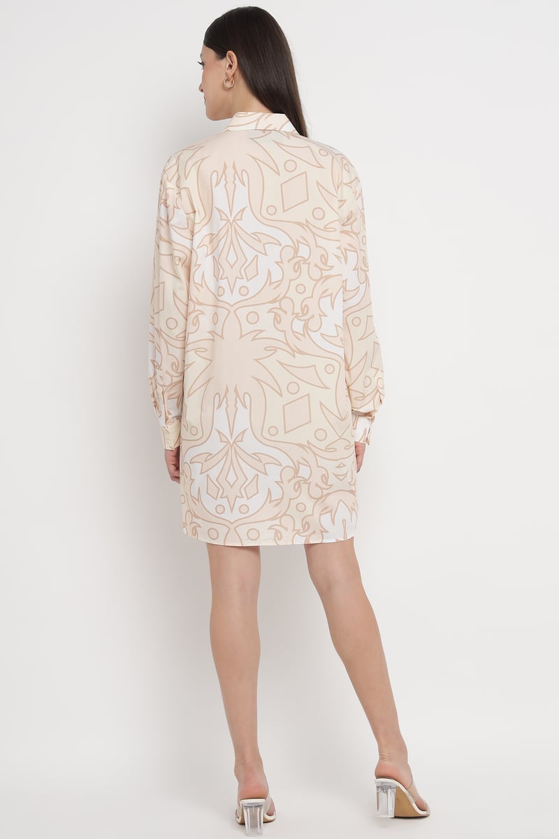 PALMA BEIG Printed Mini Shirt Dress with Button Front
