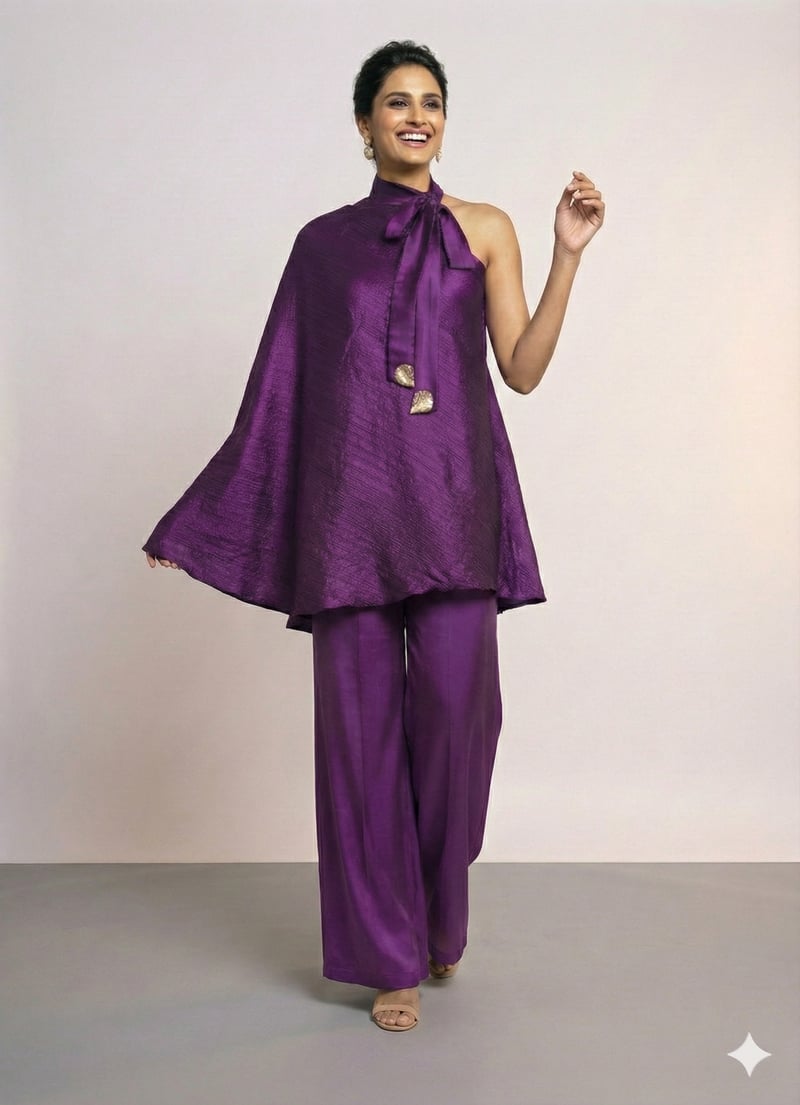 Purple One-Shoulder Cape Top and Wide-Leg Pant Co-ord Set