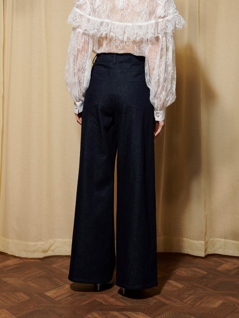 Dark Blue High-Rise Wide-Leg Jeans with Crystal Pockets