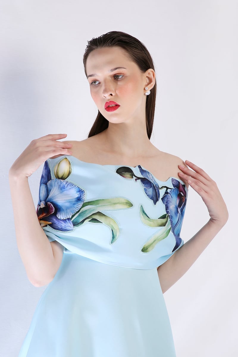 Blue Off-Shoulder Floral Print Fit and Flare Midi Dress