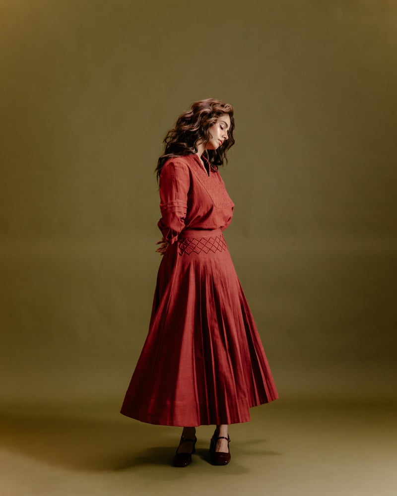 Rust Handloom Khadi Pleated Midi Skirt