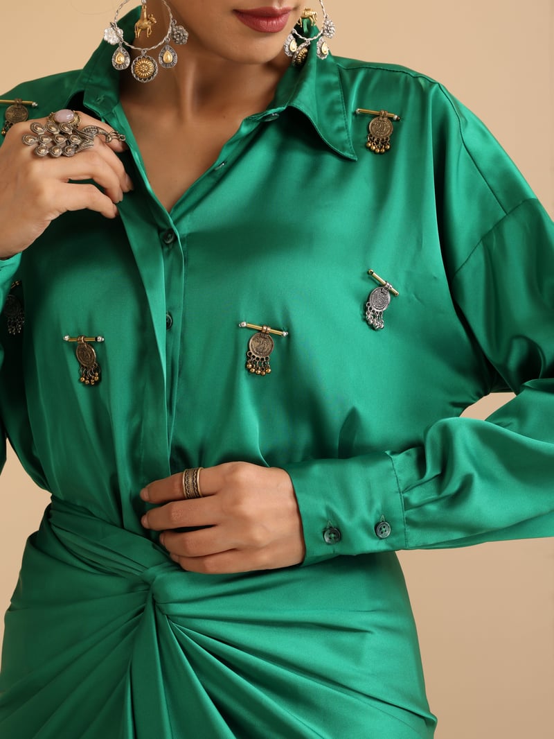 Green Satin Shirt and Wrap Dhoti Skirt Co-ord Set