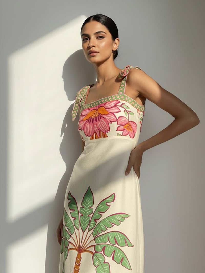 Cream Tropical Palm Print Tie-Strap Midi Dress