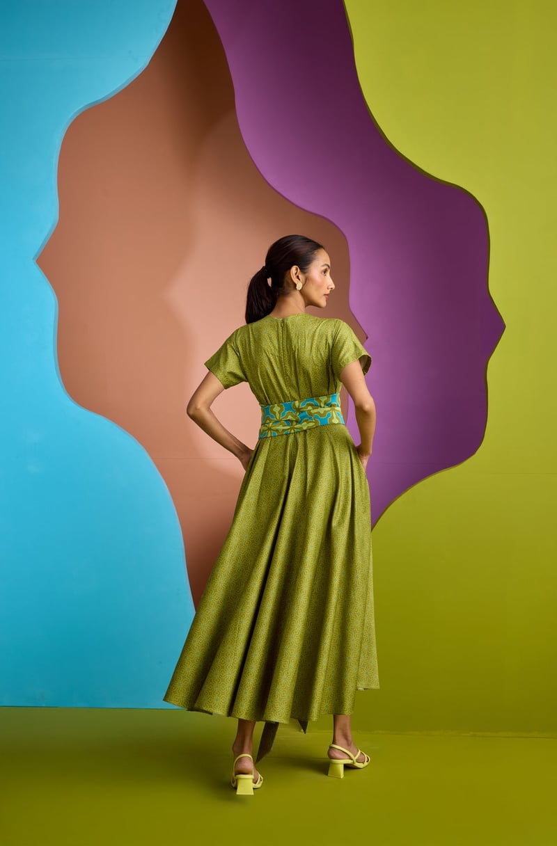 Olive Green Printed Midi Dress with Obi Belt
