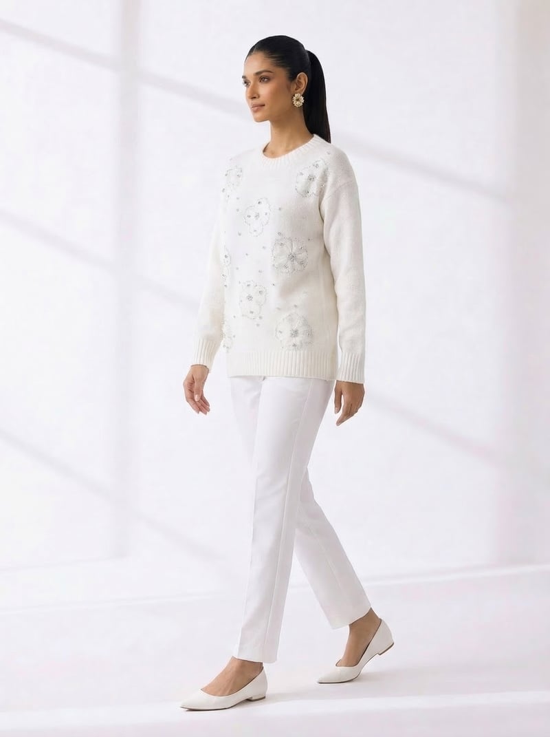 White Tonal Floral Embellished Pullover Sweater