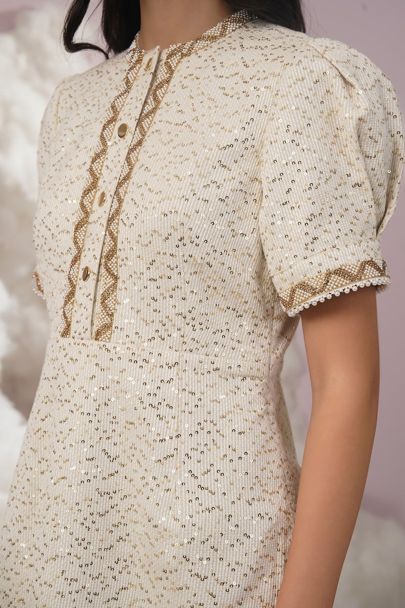 White Sequin Tweed Knee-Length A-Line Dress