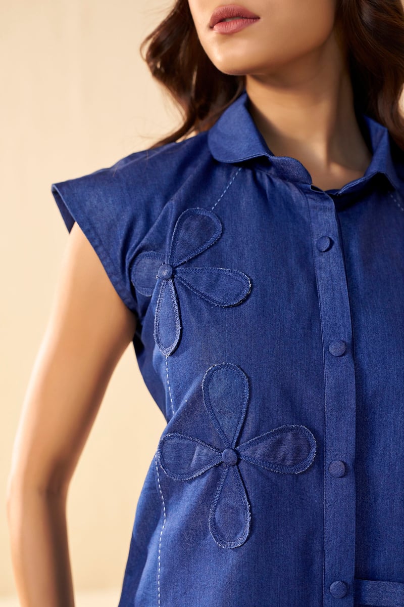 Blue Denim Sleeveless Shirt and Pants Co-ord Set