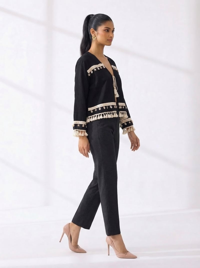 Siyah Black V-Neck Tie-Up Tassel Trim Blouse