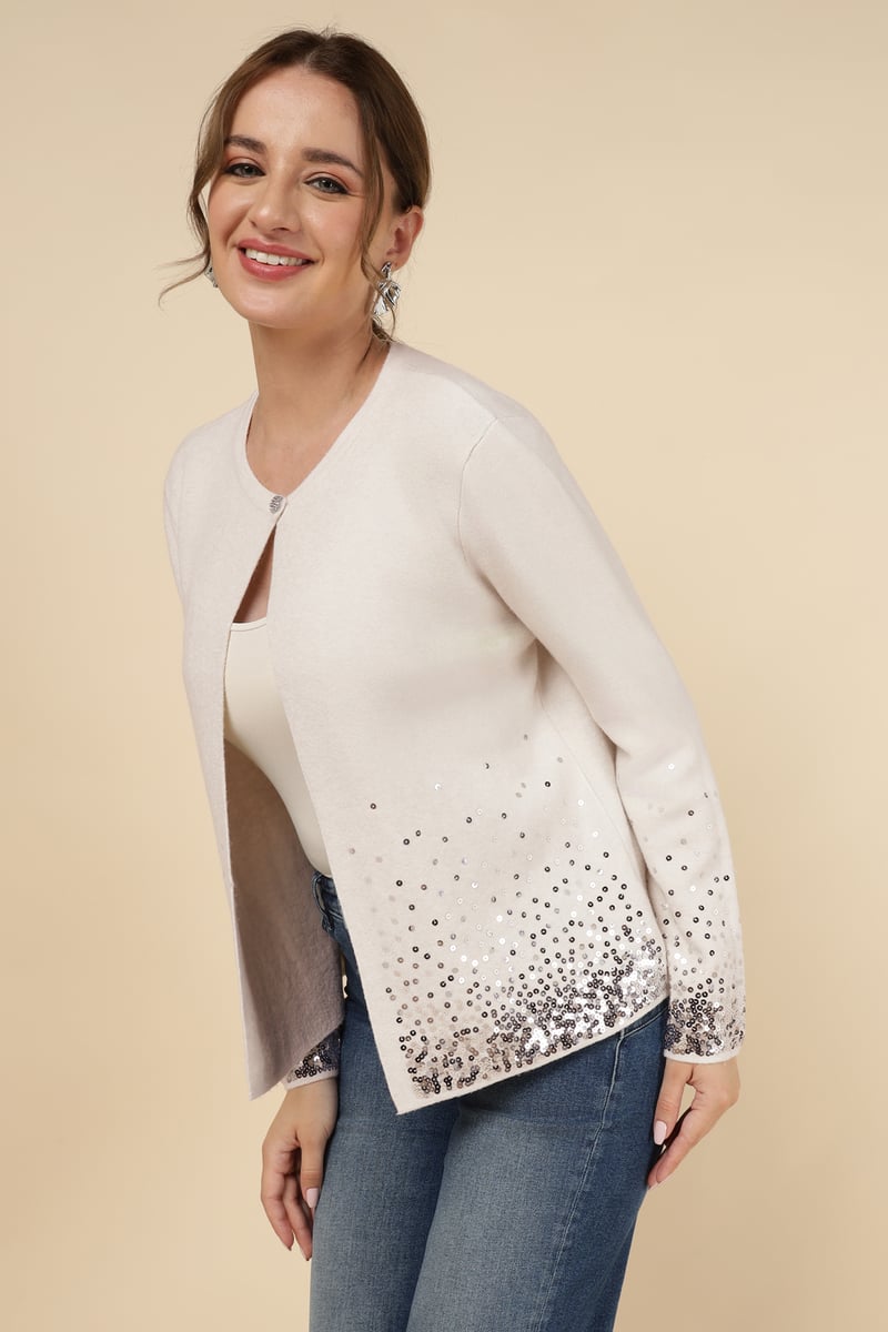 Ecru Sequin Hem Fine-Knit Cardigan
