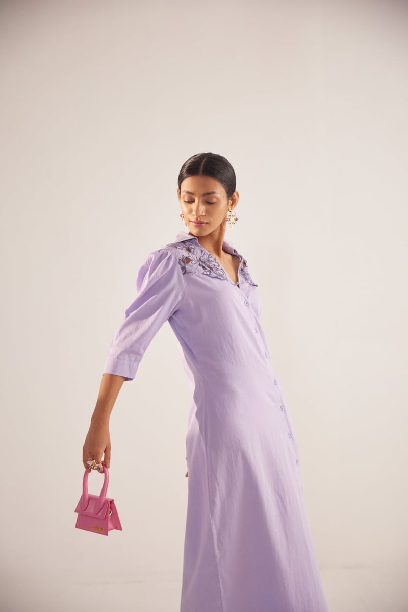 Lavender Cotton Satin Maxi Shirt Dress with Cutwork Yoke