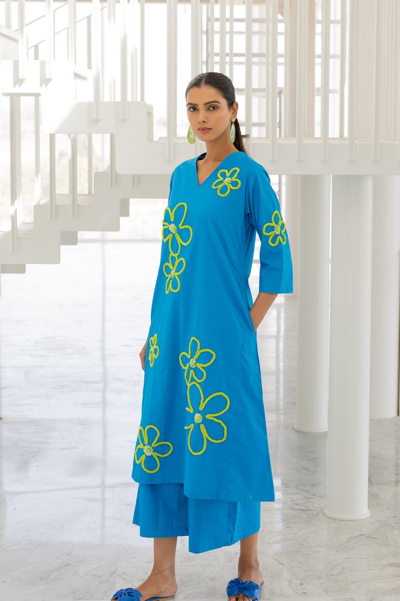 Blue Floral Cord-Embroidered Kurta Set with Pants