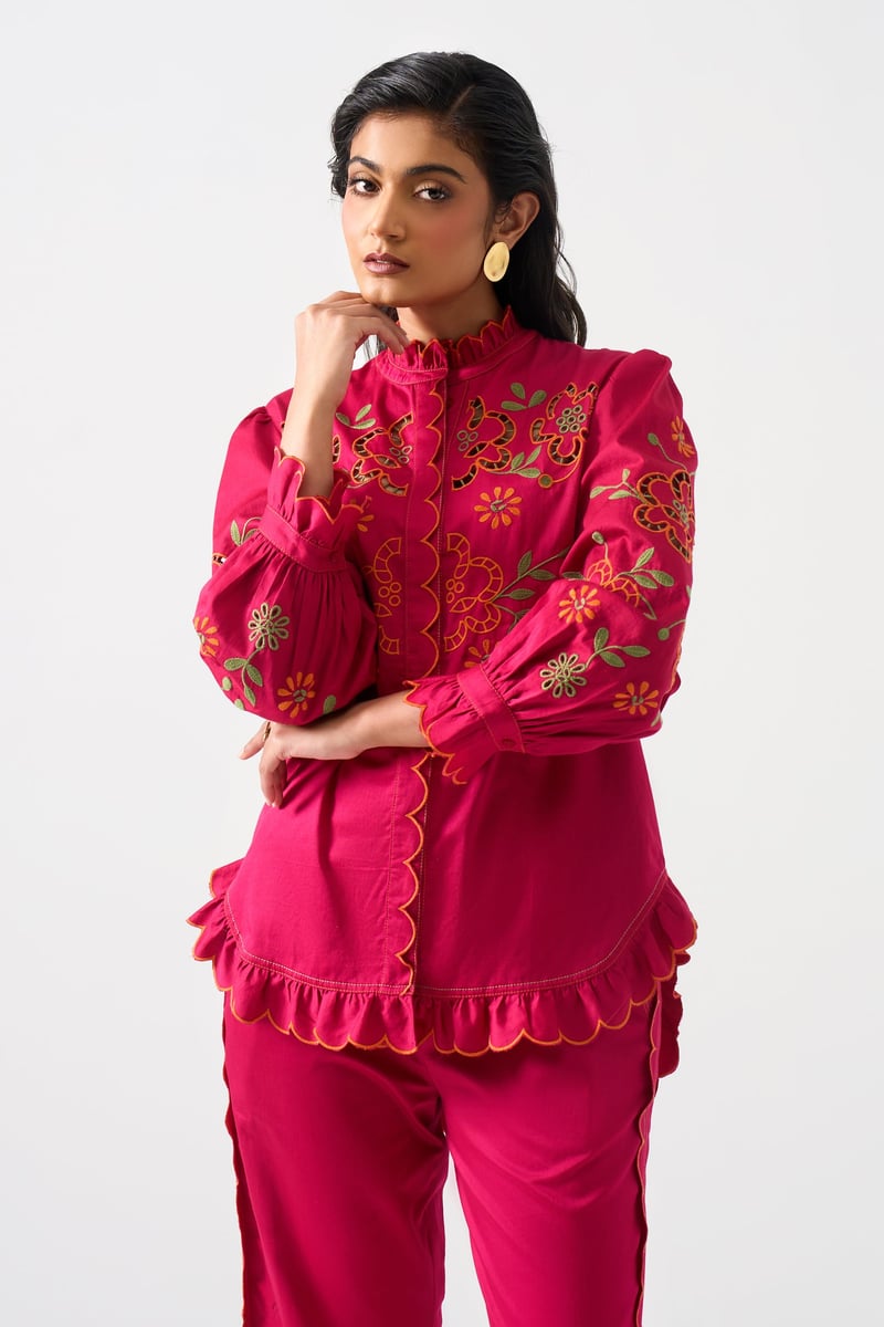 Hot Pink Embroidered Ruffle-Trim Mandarin Collar Shirt