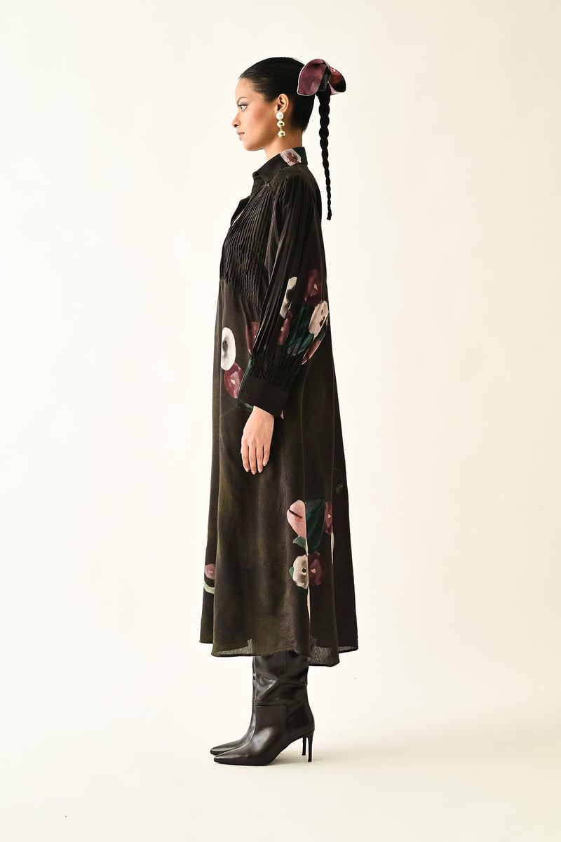 Brown Abstract Floral A-Line Midi Shirt Dress