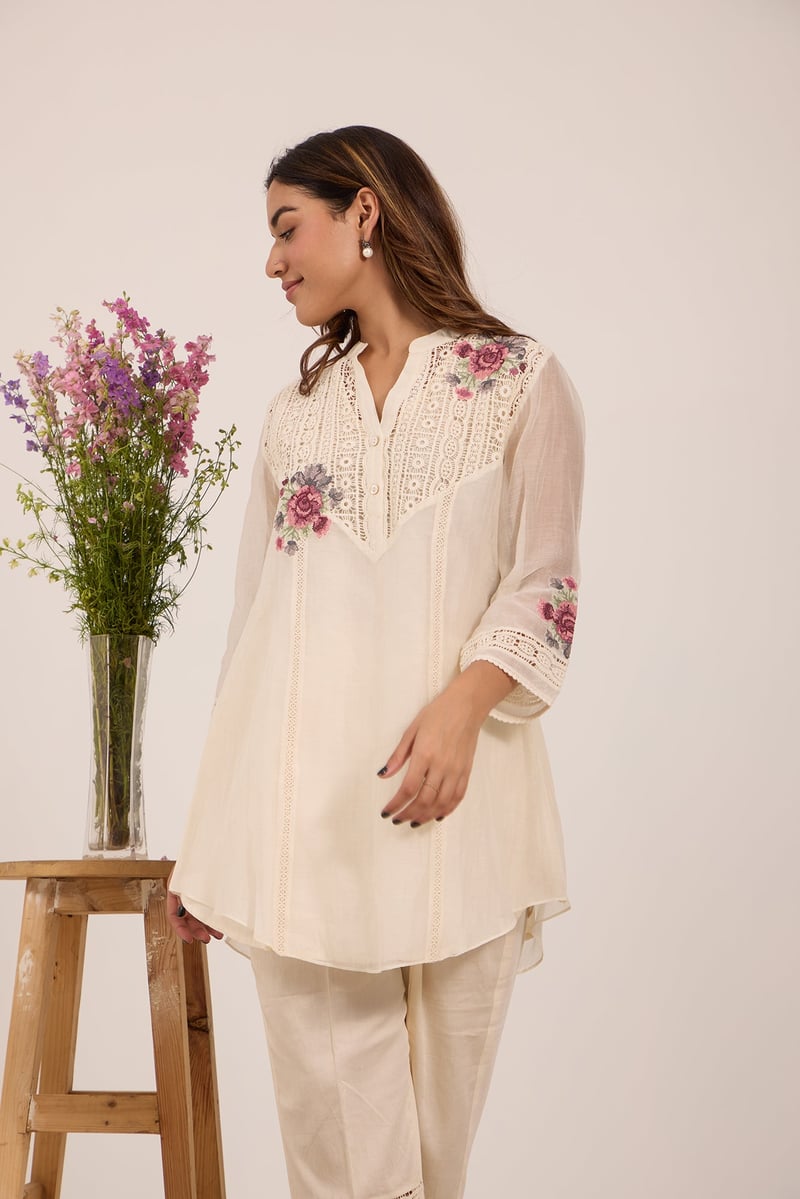 Off-White Mul Chanderi Shirt and Pants Co-ord Set