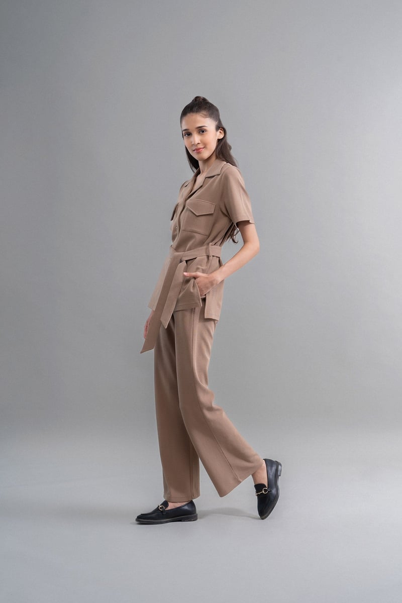 Brown Mini Waffle Straight-Leg Pull-On Pants