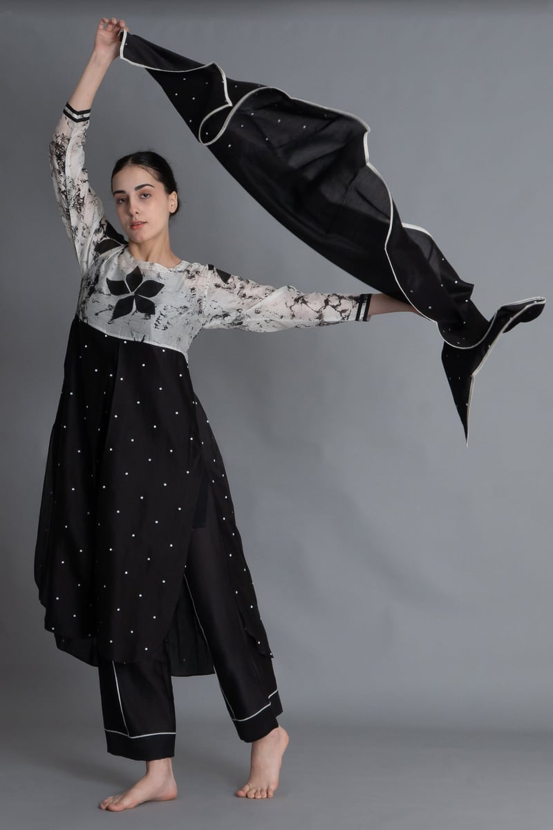 Black and White Printed Chanderi Silk Kurta Set — Khat