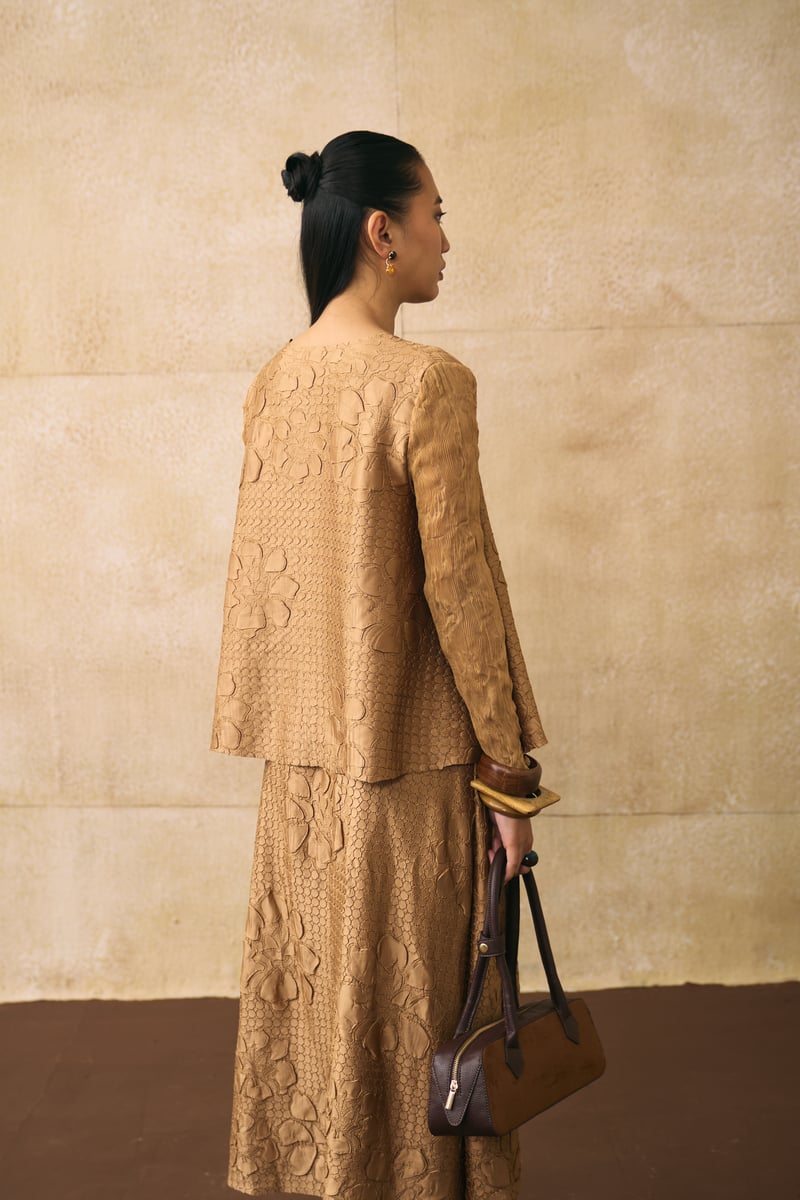 Mustard Textured Jacquard Top and Midi Skirt Co-ord Set