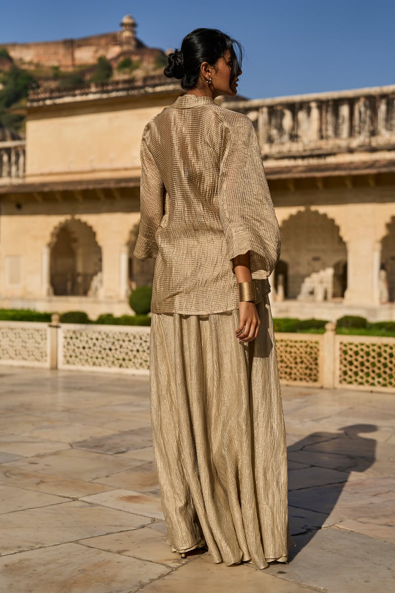 Gold Metallic Tissue Shrug with Draped Lapel Collar