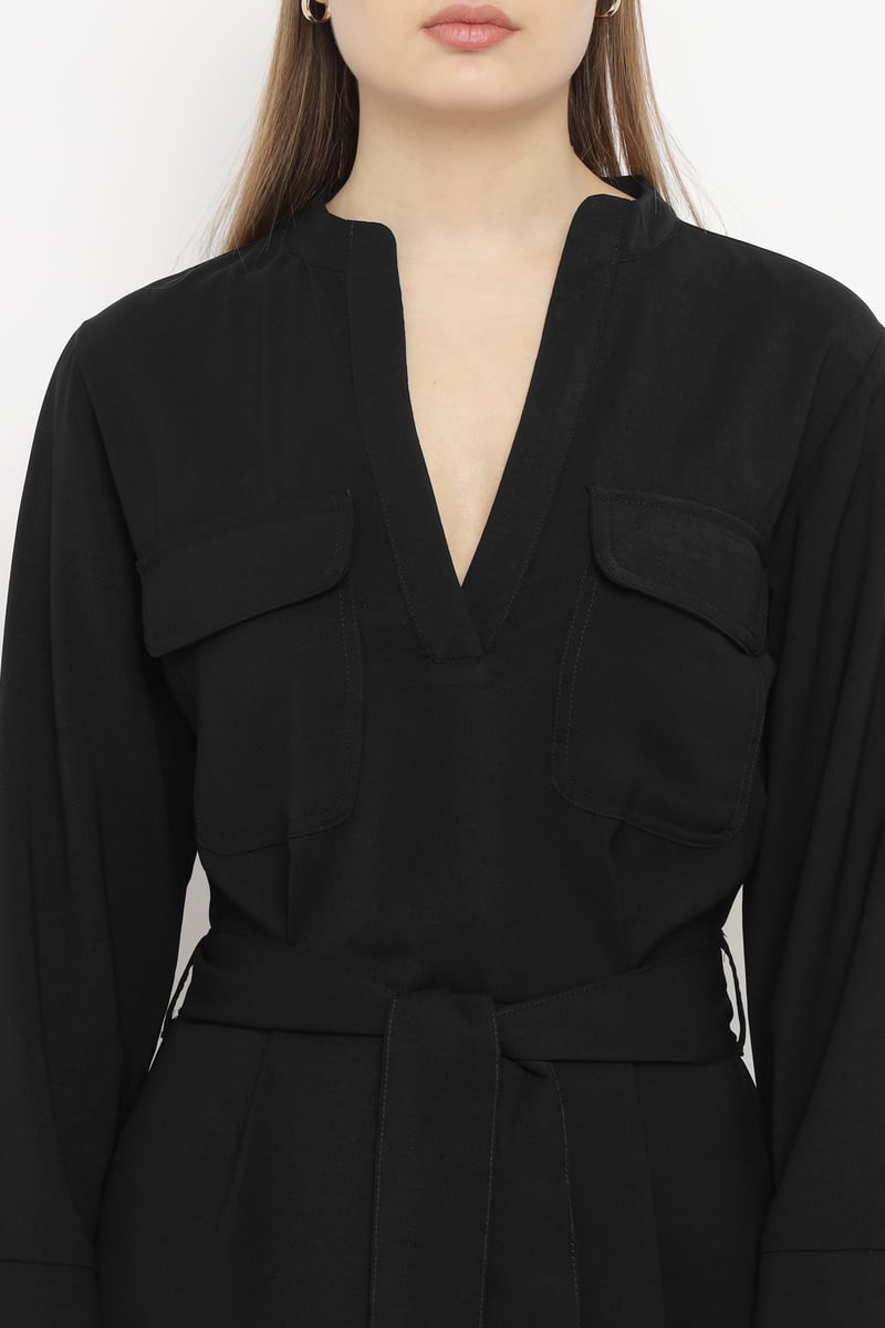 Black Belted Chemisier Mini Dress with Full Sleeves