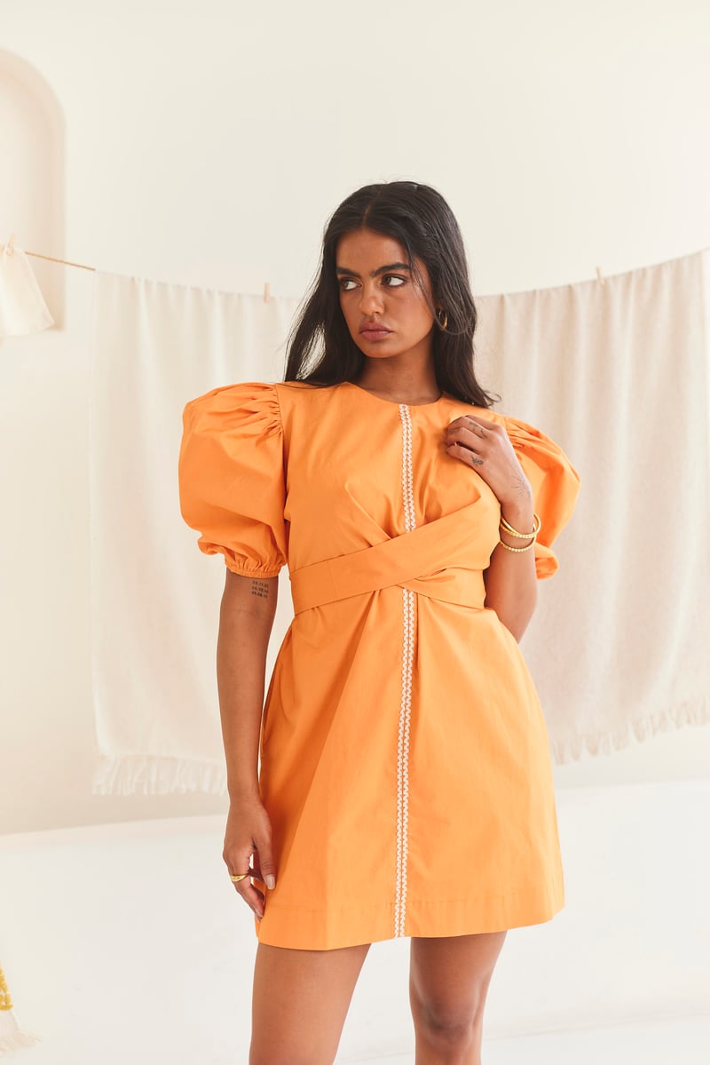 Orange Poplin Mini Dress with Puff Sleeves and Waist Tie