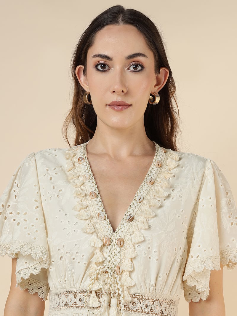 Natural Beige Cutwork Tiered Maxi Dress