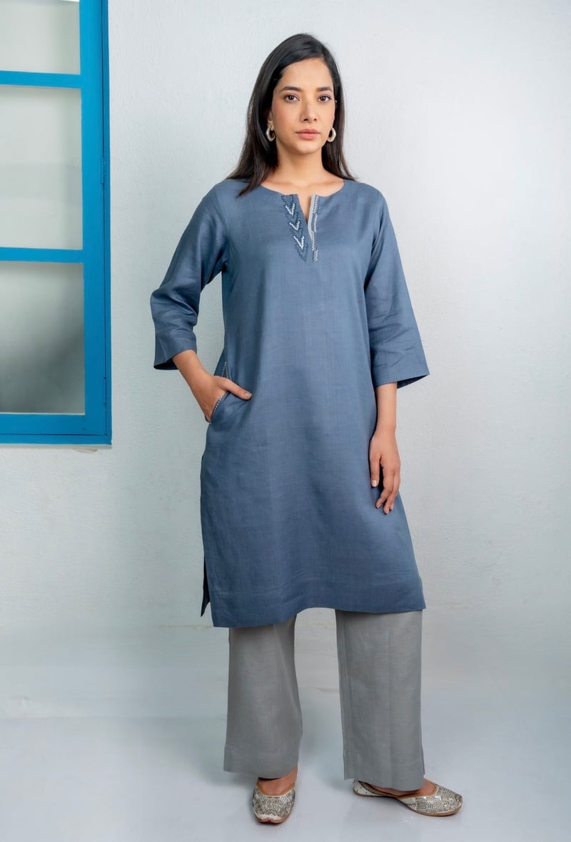 Space Blue-Grey Linen Kurta Set with Grey Pants
