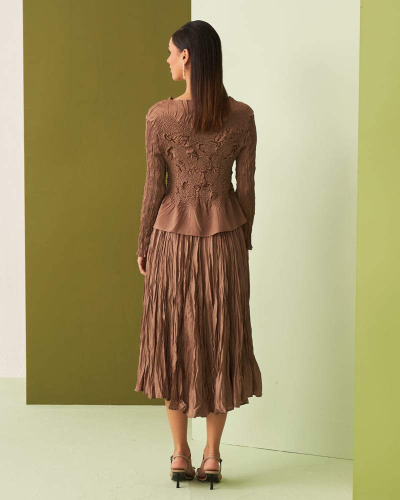 Brown Textured Top and Pleated Midi Skirt Co-ord Set