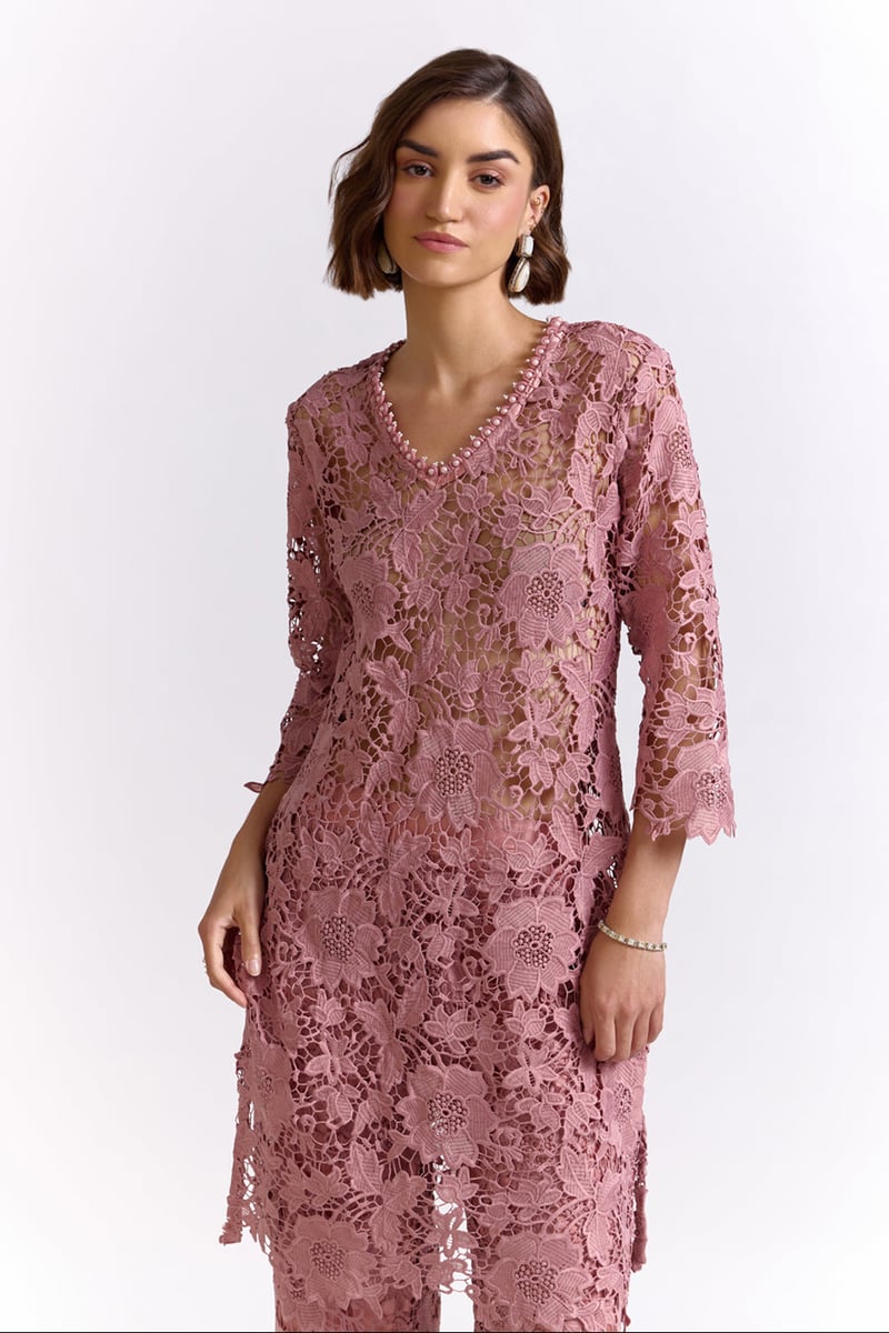 Onion Pink Lace Tunic and Pants Co-ord Set