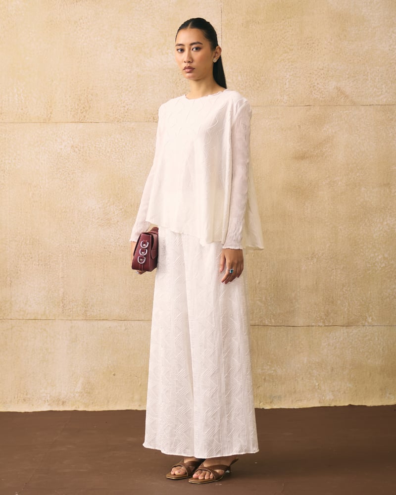 White Textured Top and Wide-Leg Pants Co-ord Set